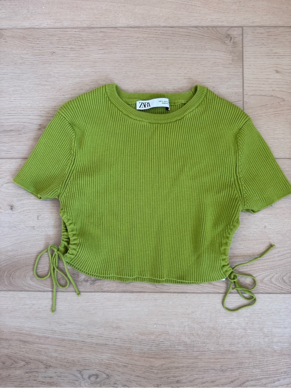 Zara Lime Green Ribbed Crop Top Side Tie Peephole Size S